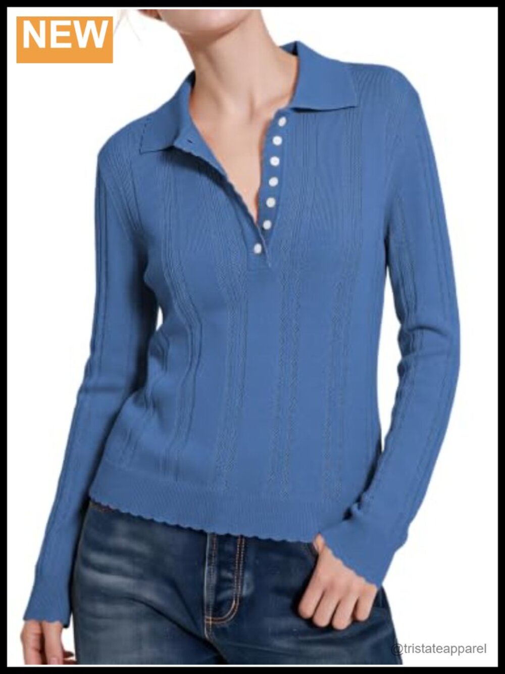 Women's Pointelle Knit Long Sleeve Polo Shirt Scalloped Trim Cotton